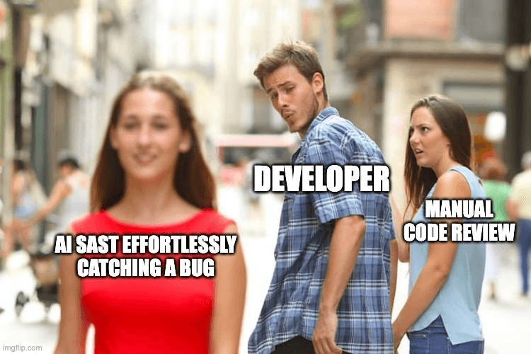 Distracted boyfriend meme with developer looking at ZeroPath finding a bug while ignoring manual code review