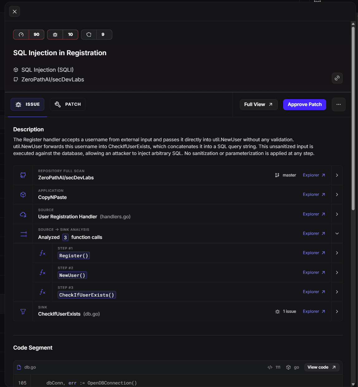 ZeroPath AI SAST contextual analysis of SQL queries showing real vs false positives