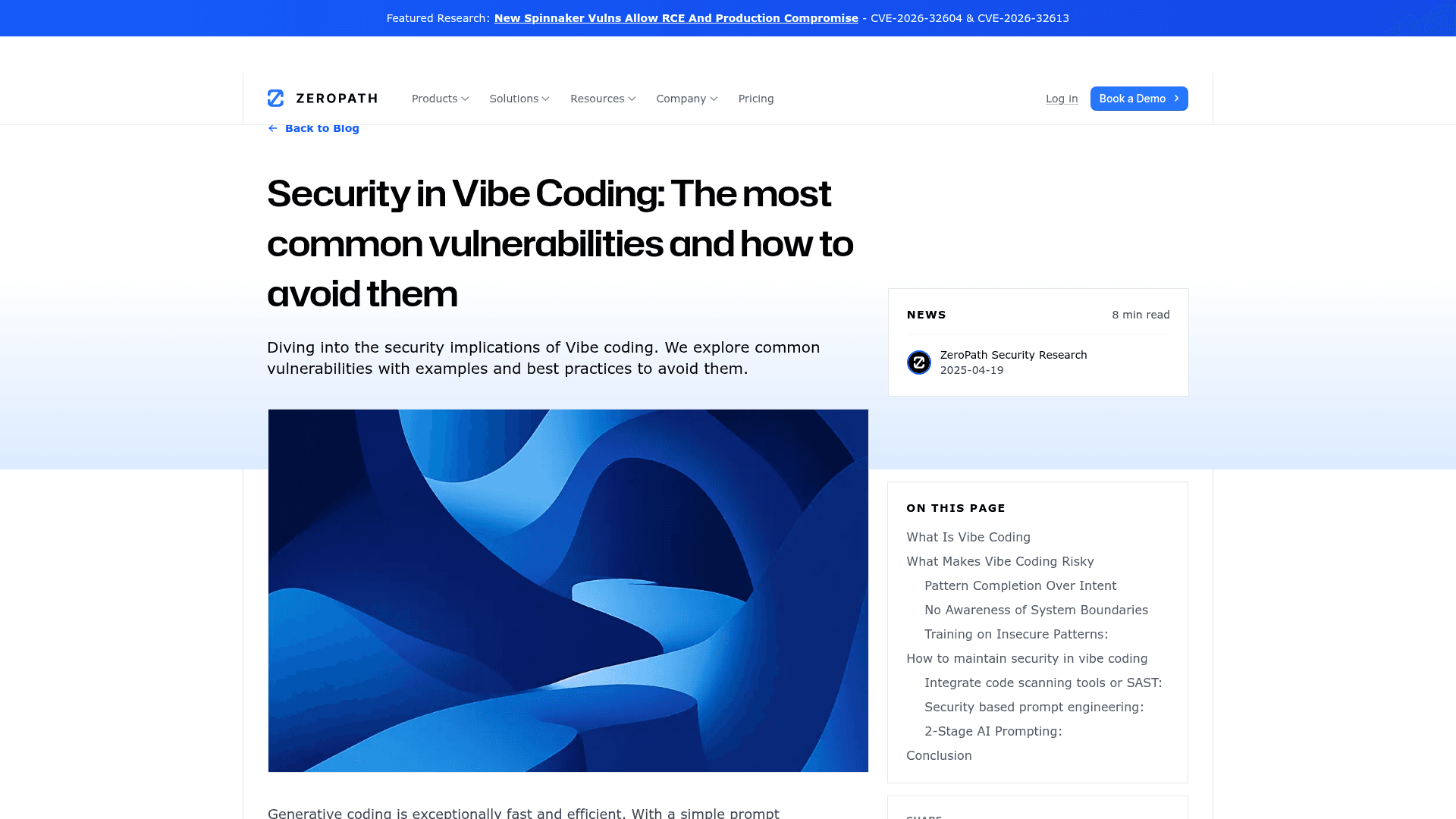Screenshot of https://zeropath.com/blog/vibe-coding-and-security