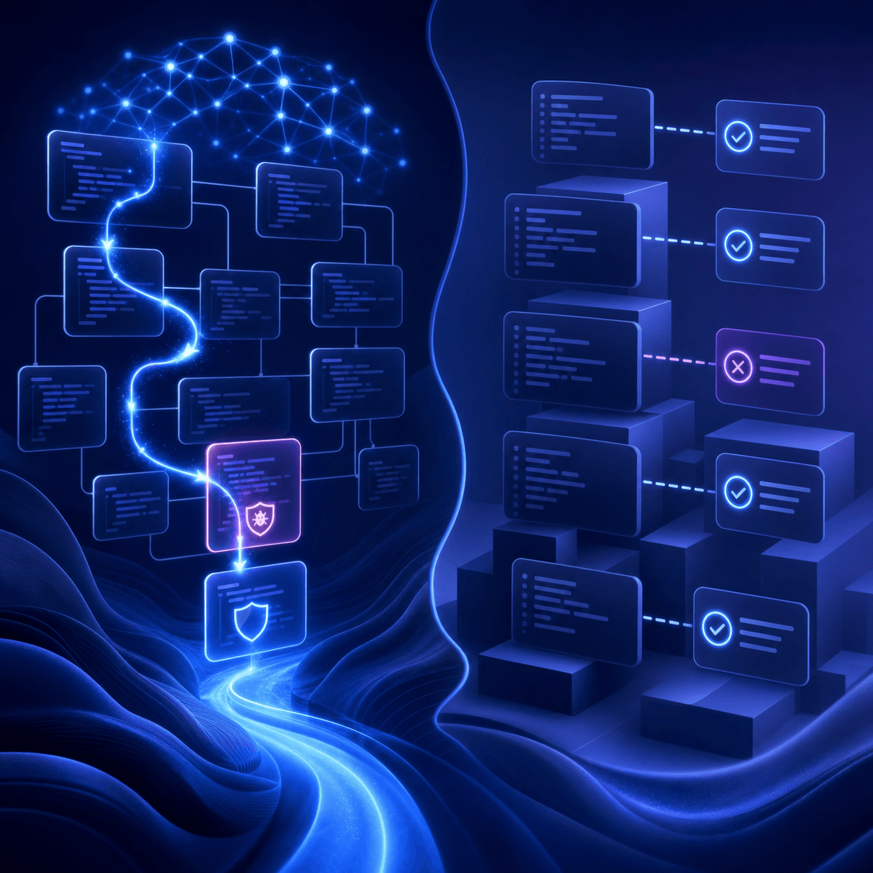 A technical diagram showing two contrasting code analysis approaches side by side: on the left, an AI system tracing data flow paths through interconnected code blocks with glowing neural network connections following a vulnerability from source to sink; on the right, a pattern-matching scanner with rigid rules checking isolated code snippets against a checklist. Modern, clean technical illustration style with blue and purple gradients, no text or labels
