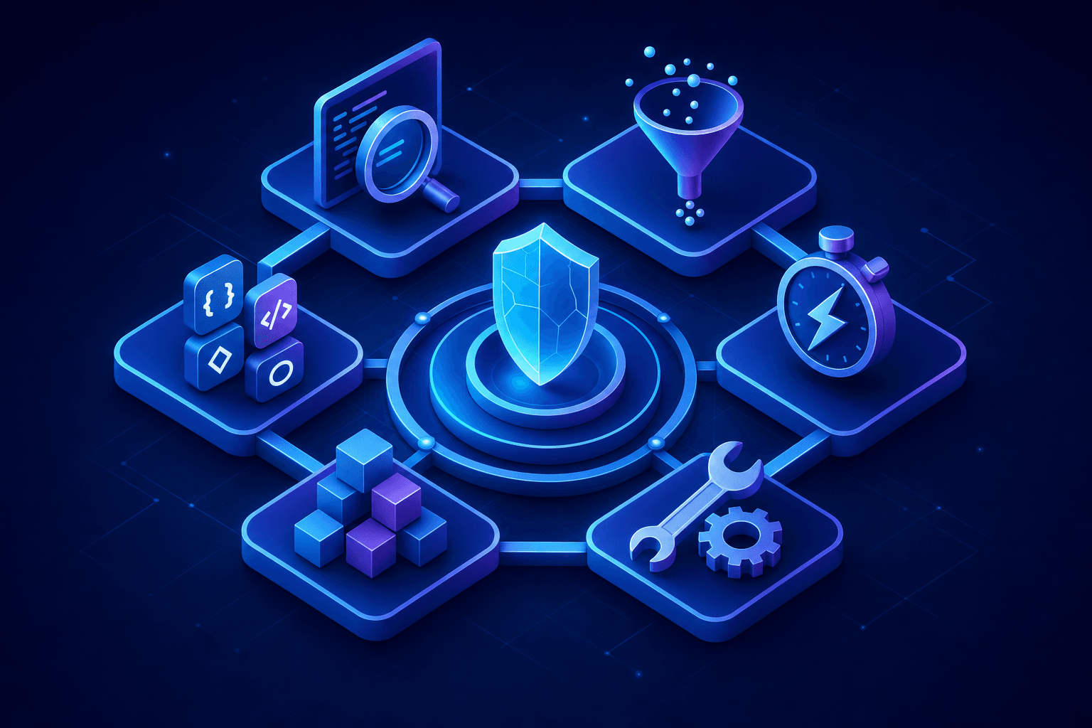 A professional technical illustration showing application security evaluation criteria. Display a circular or hexagonal framework with six connected segments representing different assessment dimensions: detection depth with a magnifying glass over code, false positive rate with filter symbols, speed with a stopwatch or lightning bolt, auto-remediation with wrench and gear icons, language support with multiple programming symbols, and deployment complexity with building blocks. Use a modern tech aesthetic with blues, purples, and clean geometric shapes. Isometric perspective, minimal style, no text or letters.
