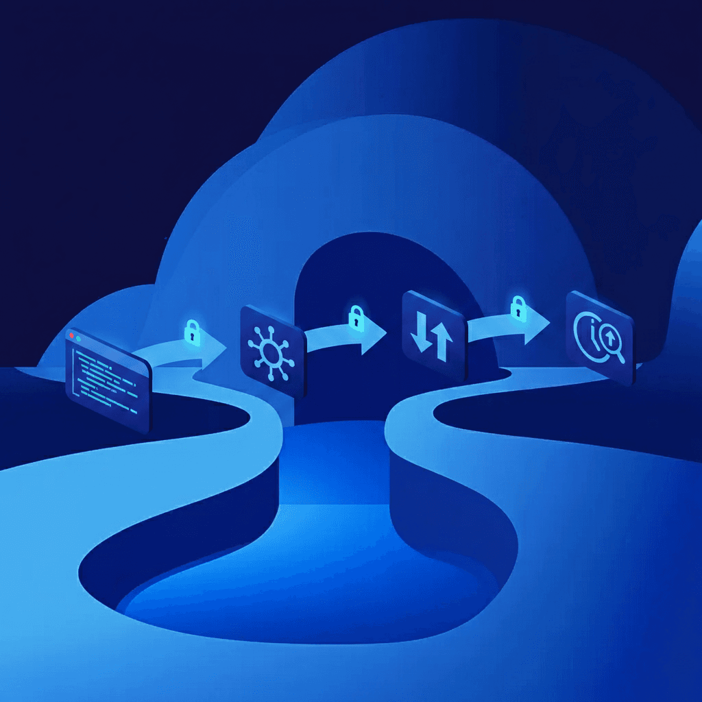 A visual diagram showing a development workflow pipeline with four stages flowing left to right: a code editor window, a git commit symbol, a pull request merge icon, and a scheduled clock with scan symbol. Each stage connected by arrows showing progressive security scanning checkpoints. Modern tech illustration style, clean and minimal, using blue and purple gradient colors, isometric perspective