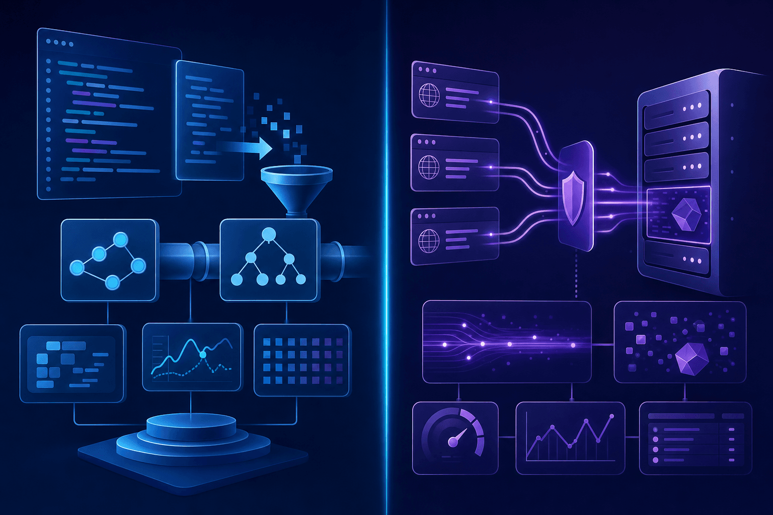 A split-screen technical illustration showing two contrasting security testing approaches: on the left side, static code analysis with abstract representations of source code flowing through an analysis pipeline with data flow graphs and syntax trees; on the right side, dynamic application testing with HTTP requests being sent to a running web application server, showing network traffic and runtime behavior. Modern, clean technical diagram style with blue and purple gradient colors, no text or labels.