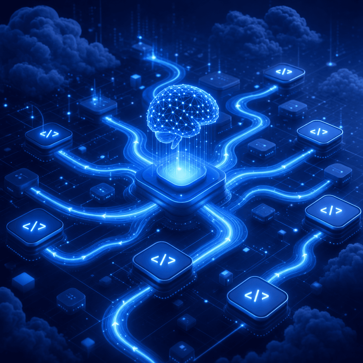 A technical illustration showing AI analyzing code with glowing data flow paths traced through a complex codebase network. Visualize interconnected code modules as nodes with luminous pathways showing data flowing from source to sink across multiple services. Use a dark background with blue and cyan accent colors for the data flow trails. Show an abstract representation of AI intelligence examining and validating the connections. Technical, futuristic style without any text or labels.