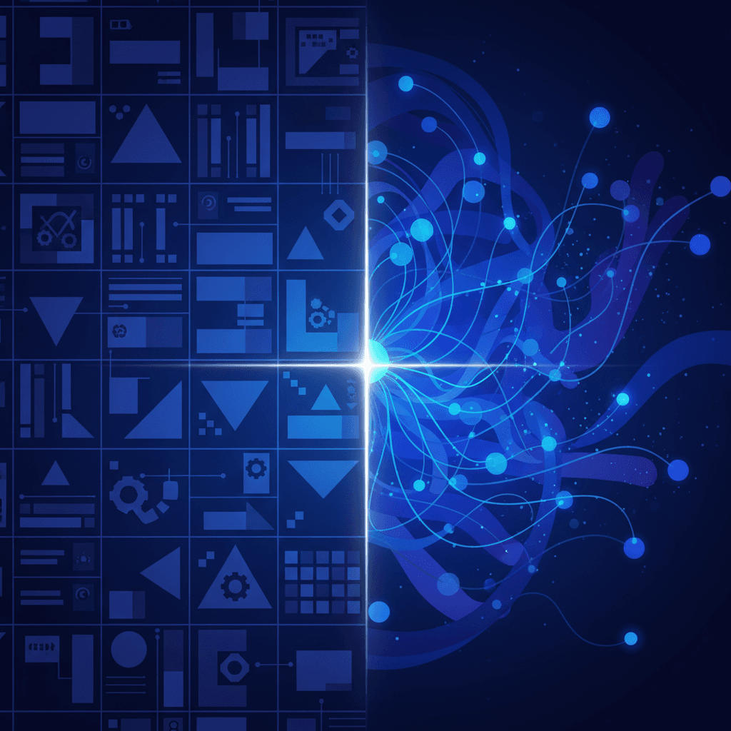 A modern, technical illustration showing two contrasting code analysis approaches side by side: on the left, a rigid grid pattern of rules and regex patterns represented by geometric shapes and lines; on the right, a flowing neural network with interconnected nodes analyzing code with contextual understanding. Use a clean, professional tech aesthetic with blues, purples, and whites. The right side should appear more dynamic and intelligent, with glowing connections showing reasoning paths through code logic. No text or letters.