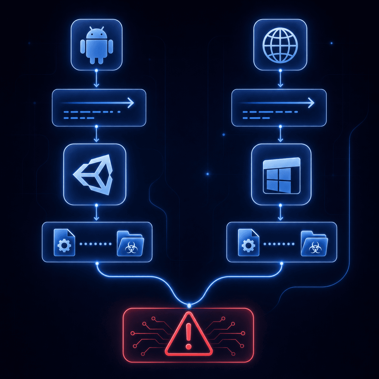 Technical diagram showing CVE-2025-59489 argument injection attack flow in Unity. Dark background, clean vector style. Two attack paths shown side by side. Left path labeled "Android": a malicious app icon sends an Android Intent arrow containing the text "-xrsdk-pre-init-library" to a Unity game process icon, which then loads a malicious .so library from /data/local/tmp/. Right path labeled "Windows": a browser icon sends a crafted URI "yourgame://-xrsdk-pre-init-library" arrow to a Unity executable icon (UnityPlayer.exe), which loads a malicious .dll from C:\Users\Public\. Both paths converge at a bottom box labeled "Arbitrary Code Execution" with a red warning icon. Clean monospace labels, cybersecurity technical illustration style, no photos.