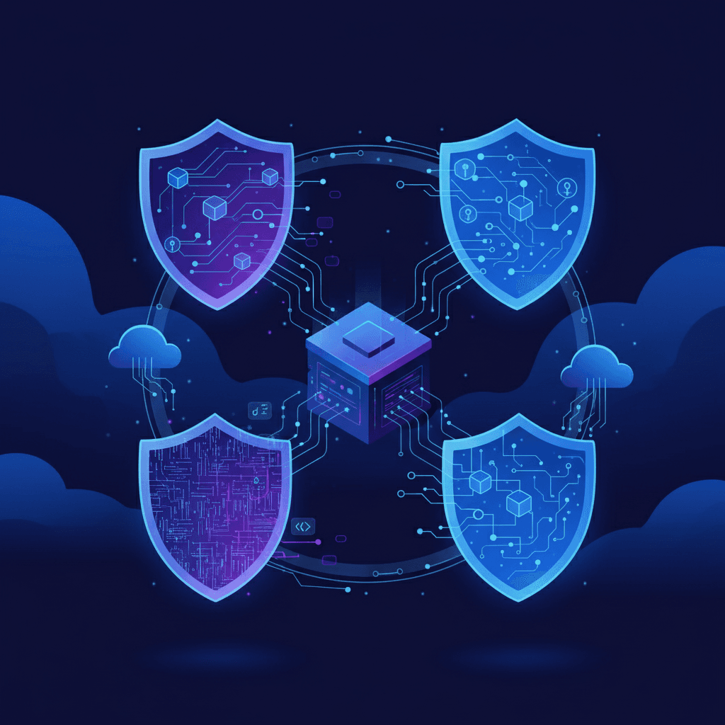 A modern technical diagram showing four interconnected security scanning layers protecting application code. Visualize static code analysis, dependency scanning, runtime testing, and instrumented monitoring as distinct but complementary security shields around a central application architecture. Use a dark tech aesthetic with glowing blue and purple gradients, circuit-like connections, and abstract representations of code flowing through different security checkpoints.