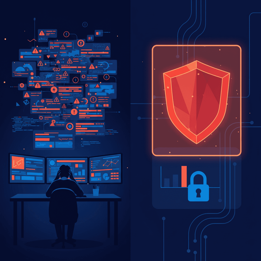A clean technical illustration showing a security scanning dashboard with multiple alert notifications. The composition should show a split view: on one side, numerous warning icons and alert badges in red and orange creating visual clutter and noise; on the other side, a single validated critical security finding highlighted clearly. Include visual elements like code snippets in the background, scan result panels, and a stressed developer figure at a desk reviewing alerts on multiple monitors. The style should be modern, minimalist, and technical with a dark blue, red, and orange color palette. The image should convey the concept of overwhelming false alerts versus legitimate security findings without using any text or words.