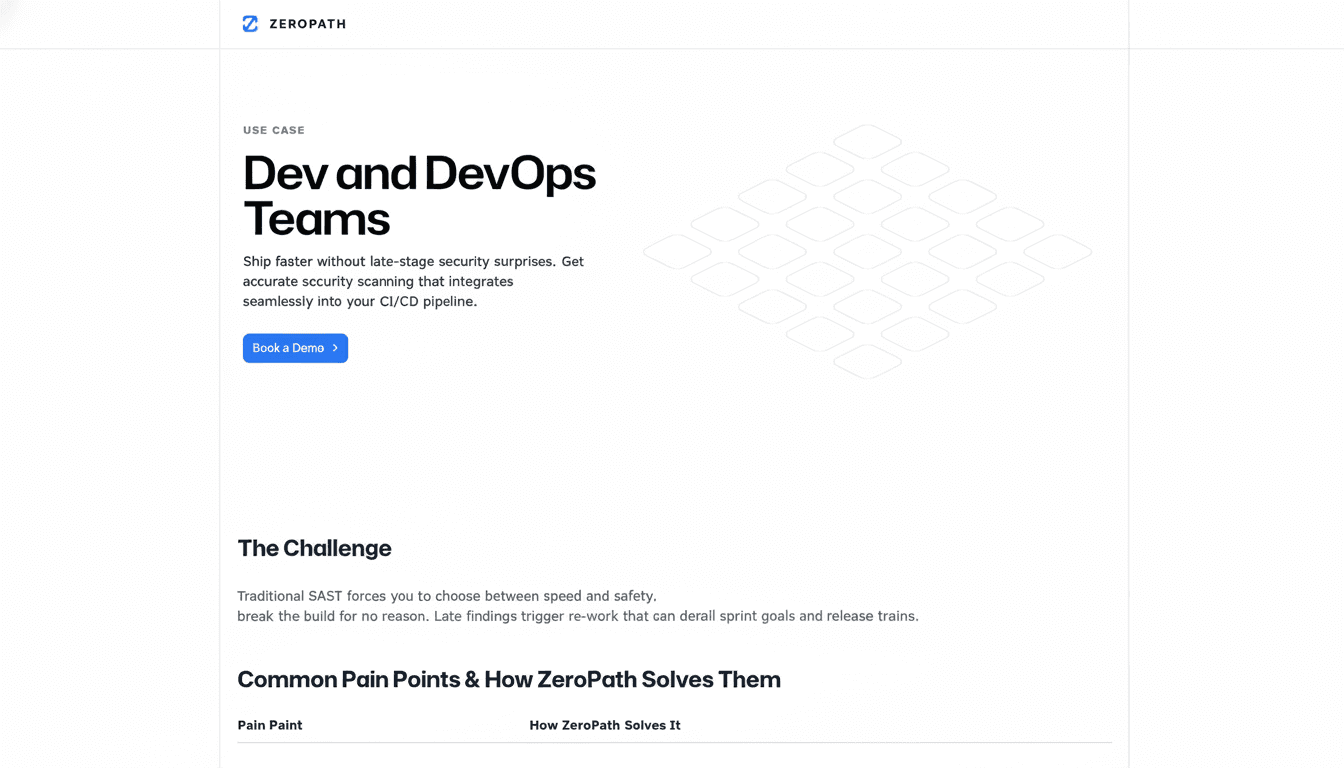 Screenshot of https://zeropath.com/solutions/dev-ops