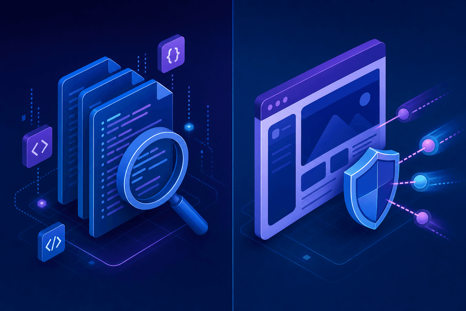 A split-screen technical illustration showing the difference between static and dynamic application security testing. On the left side, show source code files being analyzed with magnifying glass and code symbols floating around, representing static analysis. On the right side, show a running web application with a shield and incoming test requests or probes, representing dynamic testing. Use a clean, modern tech aesthetic with blues and purples, isometric perspective, minimal style.