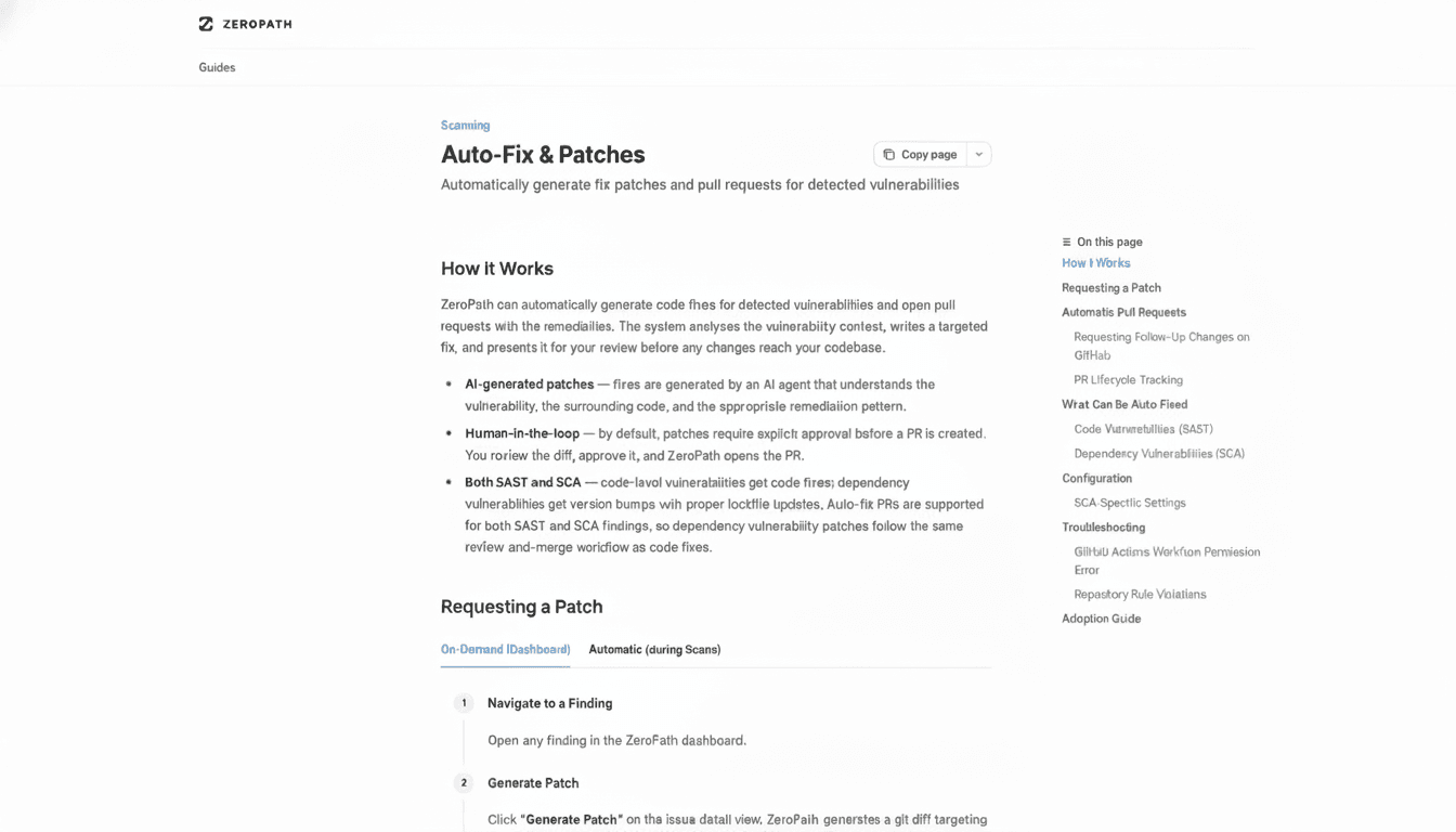Screenshot of https://zeropath.com/docs/scanning/auto-fix