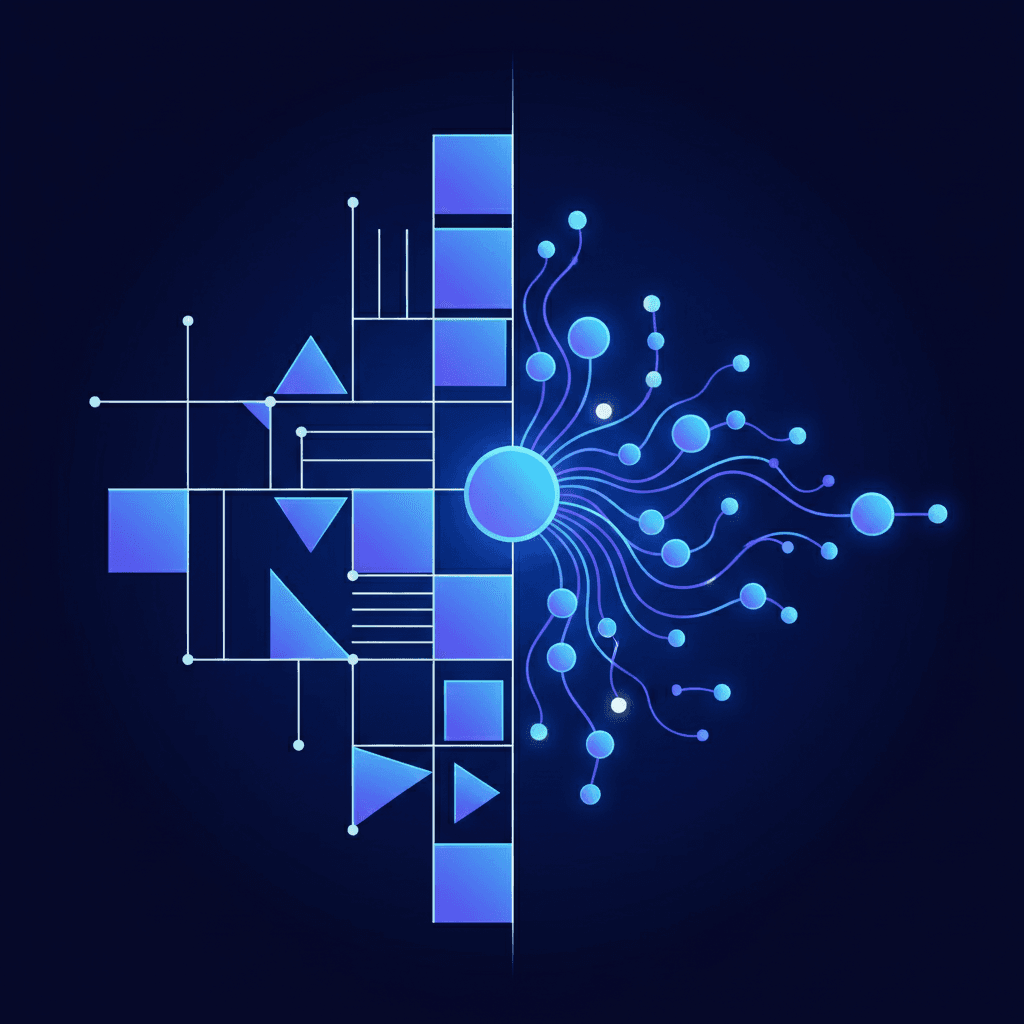 A modern, technical illustration showing two contrasting code analysis approaches side by side: on the left, a rigid grid pattern of rules and regex patterns represented by geometric shapes and lines; on the right, a flowing neural network with interconnected nodes analyzing code with contextual understanding. Use a clean, professional tech aesthetic with blues, purples, and whites. The right side should appear more dynamic and intelligent, with glowing connections showing reasoning paths through code logic. No text or letters.