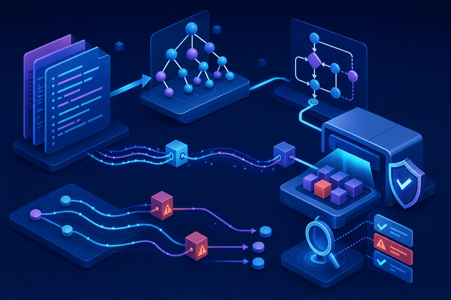 A technical diagram showing the static application security testing process: source code files being parsed into an abstract syntax tree structure, with flowing data paths highlighted between input nodes and output nodes, control flow graph visualization with connected nodes and branches, security scanner analyzing code patterns, clean modern illustration style with blue and purple gradient colors, isometric perspective