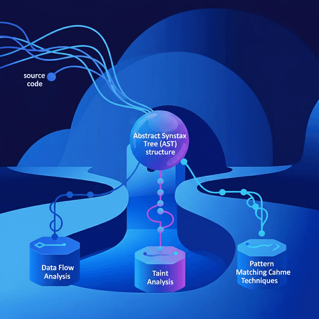 A technical diagram showing the static code analysis process flow: source code being parsed into an abstract syntax tree structure, with branches representing data flow analysis, taint analysis, and pattern matching techniques. Modern tech illustration style with blue and purple gradients, showing code flowing through different analysis layers, nodes and connections representing the tree structure, clean minimal design suitable for a technical security blog