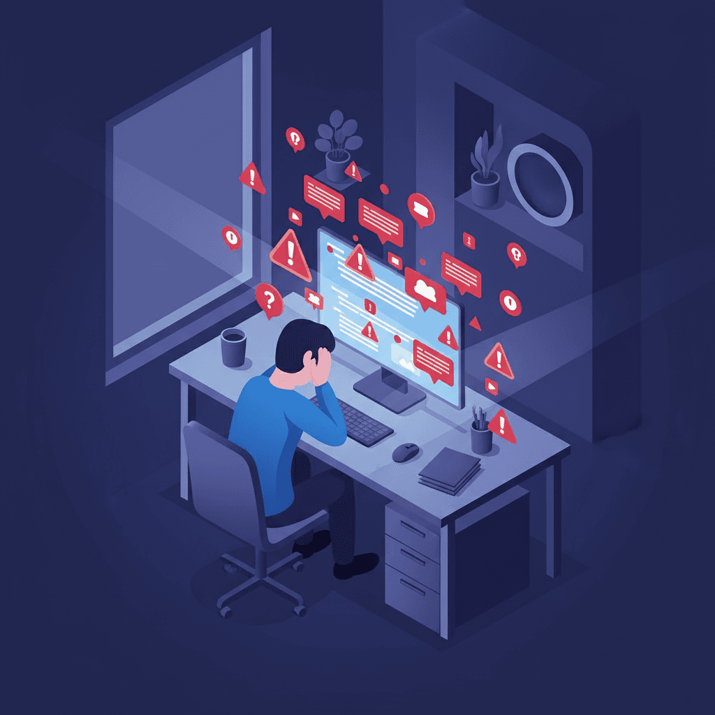 A developer sitting at a computer workstation surrounded by floating red alert notifications and warning symbols overwhelming their screen, representing security scanner false positives and alert fatigue. The developer looks frustrated or overwhelmed. Modern tech office environment, isometric view, clean digital illustration style with muted colors except for the red alerts creating visual noise