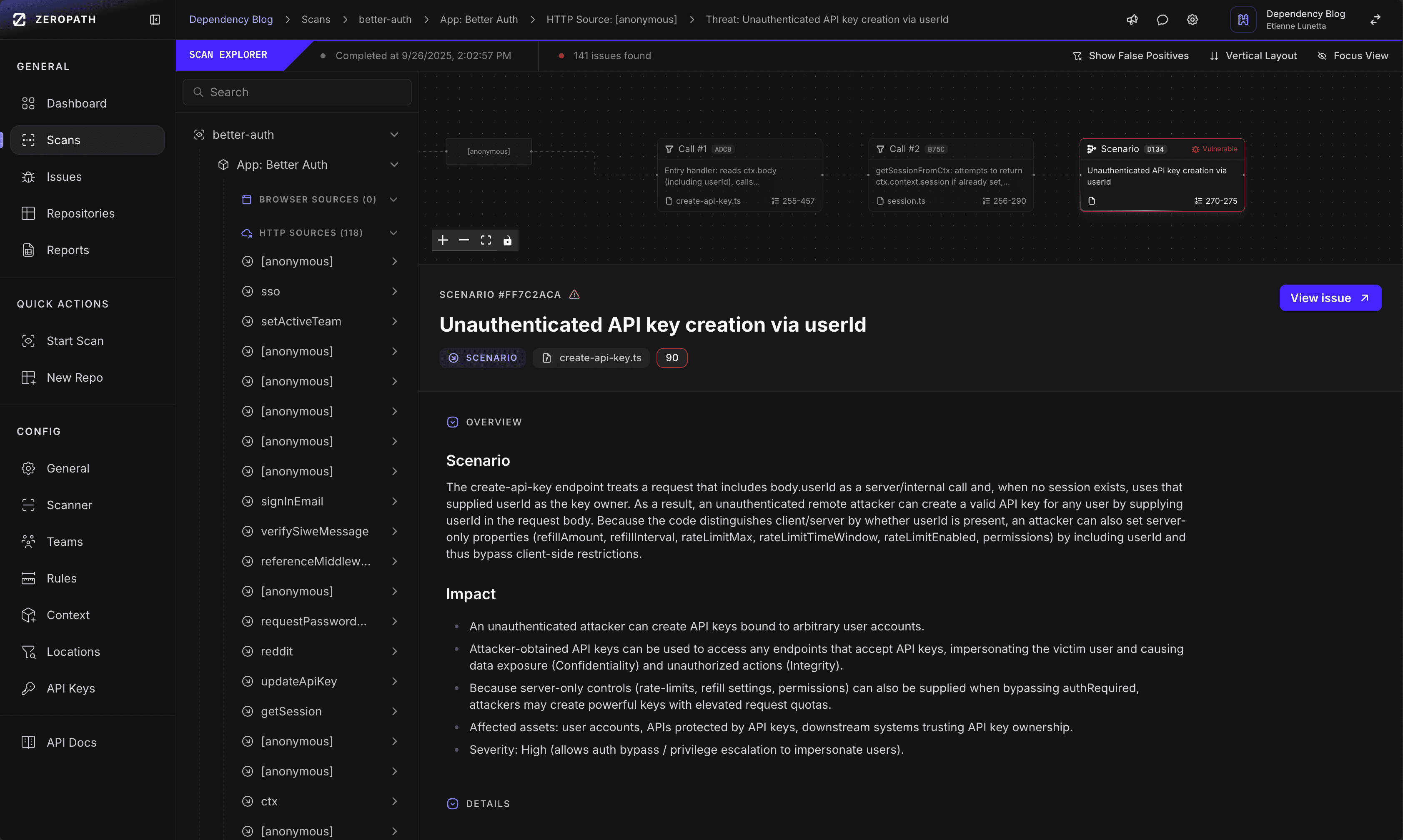 ZeroPath source-to-sink trace linking the unauthenticated request body to the API key creation sink in the dashboard.