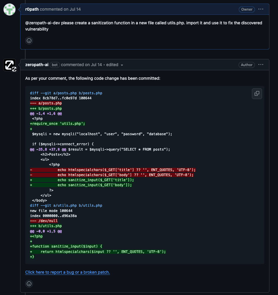 Screenshot of ZeroPath PR modification interface Screenshot of ZeroPath PR modification interface showing natural language patch refinement