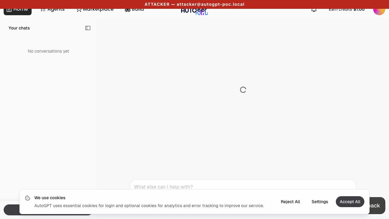 Attacker visits the victim's session URL pre-exploit — chat area shows only a spinner, input is disabled.