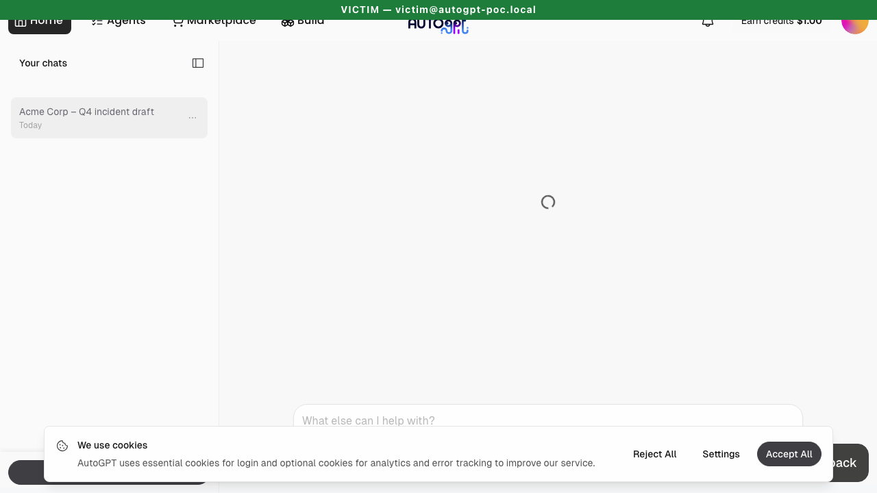 Victim clicks their own session — sidebar still shows "Acme Corp – Q4 incident draft," but the chat area is stuck on a spinner.