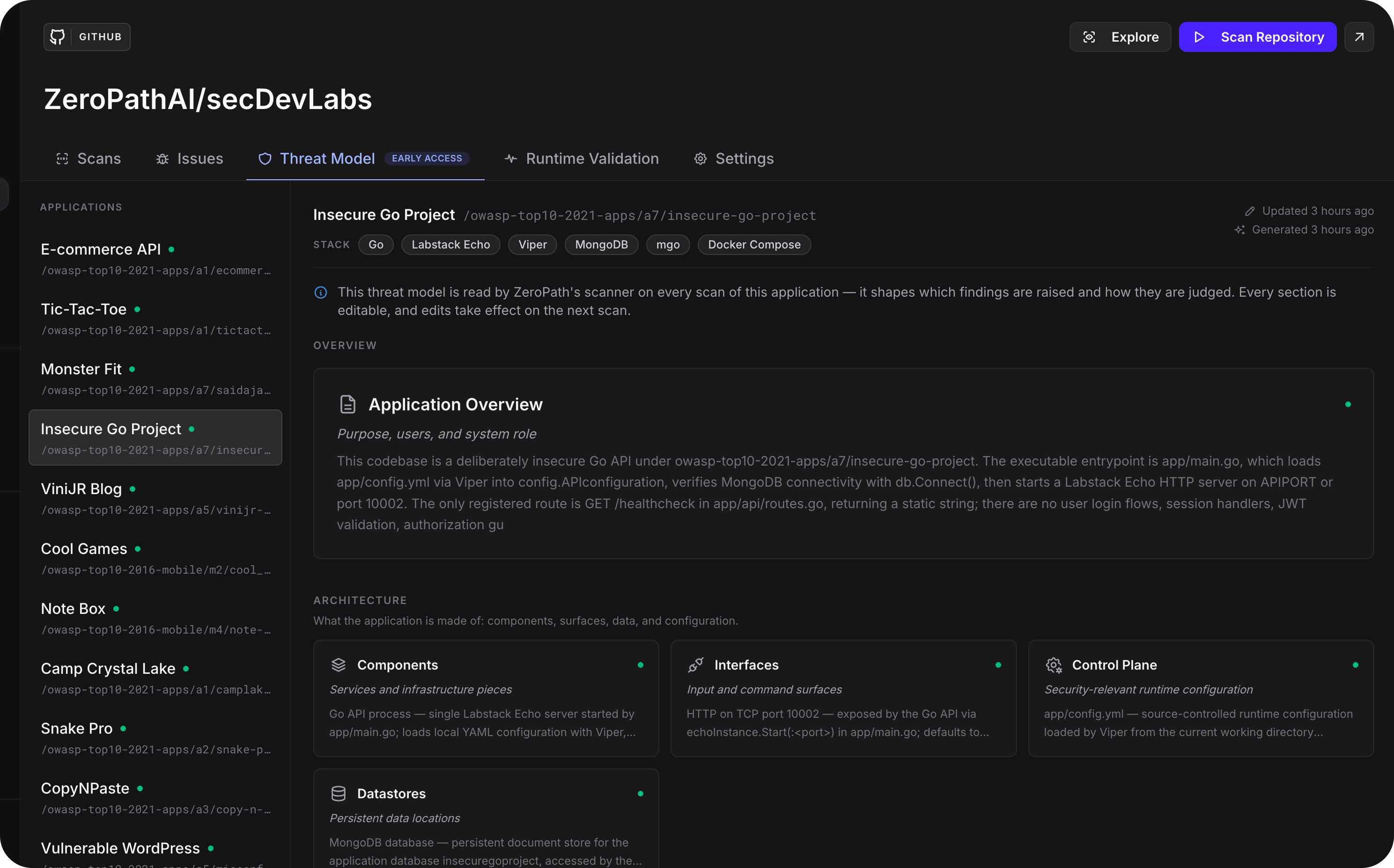 A generated threat model in the Threat Model tab, showing the application overview alongside the structured sections ZeroPath builds for each application.