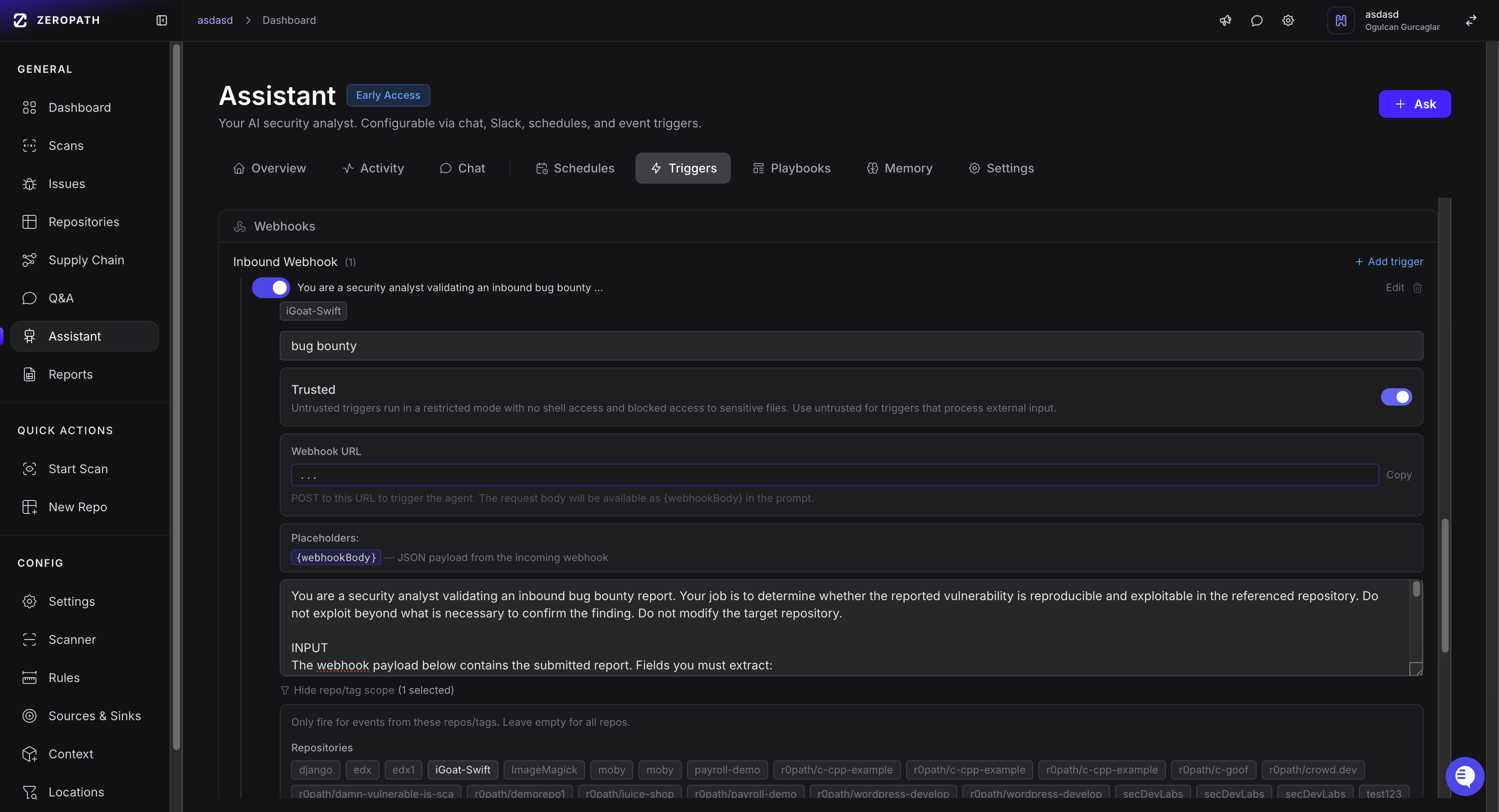 Configuring ZERO's inbound bug bounty webhook trigger in the Assistant settings: trusted/untrusted execution profile toggle, webhook URL, system prompt, and target repositories
